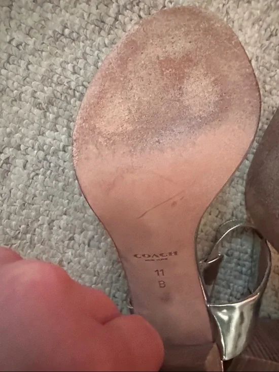 Coach Metallic Silver Leather Block Heel Sandals heel approximately 5” - Picture 12 of 12